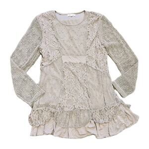 Vtg Floral Crochet Mesh Top Womens M Beige Boho Hippie Grunge Layered Lagenlook